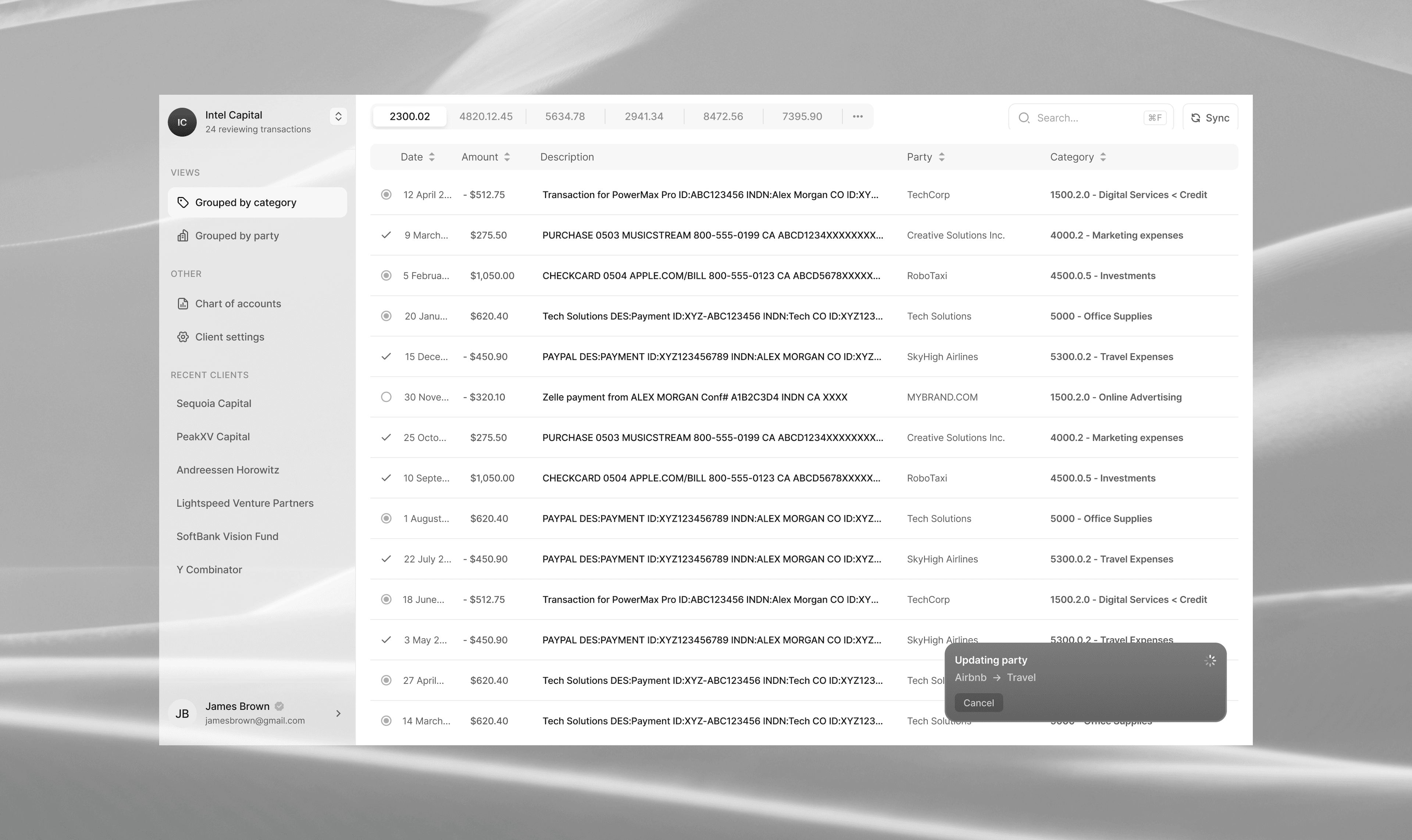 Legix — transactions dashboard